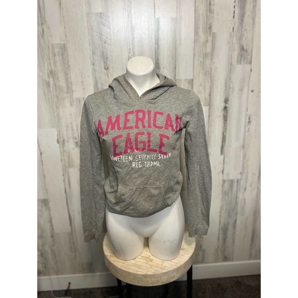 American Eagle Cropped Pullover Hoodie Womens Extra Small Grey Pink Spellout